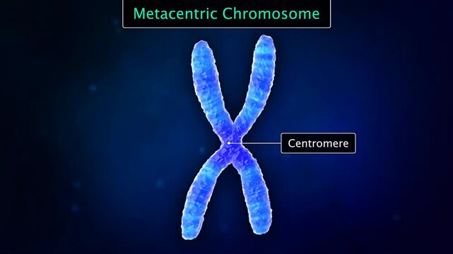 Scientific illustration of a metacentric chromosome with a central centromere and nearly equal arms.
