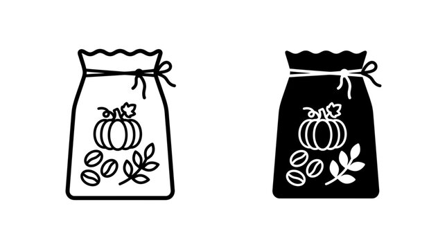 Pumpkin coffee bean bag icon flat line and filled minimalist design.