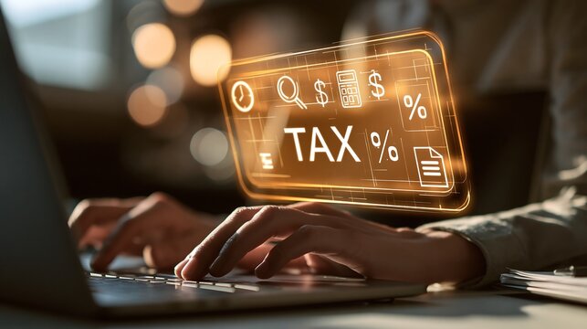 Holographic tax interface floating over laptop, isolated on transparent background. Ideal for digital finance concepts and business tax software marketing.