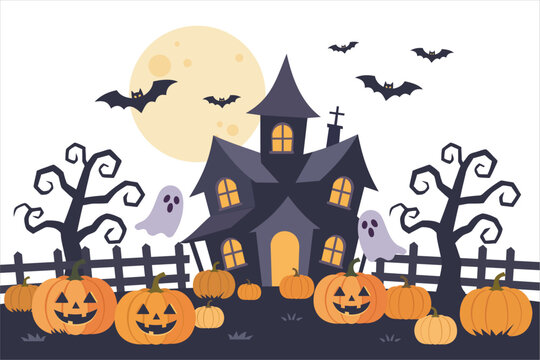 Halloween haunted house landscape with full moon, ghosts, bats, and pumpkins in flat 2D style. Vector illustration for spooky background.