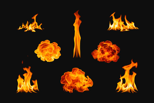 A collection of distinct fire shapes including tall flames, small blazes and explosion-like forms, isolated on a solid black background.