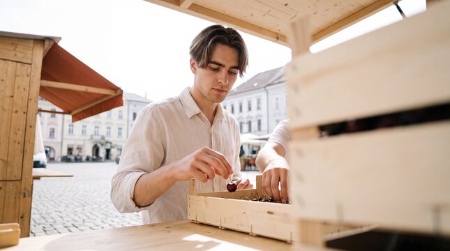 Mann sortiert Kirschen am Marktstand auf dem Wochenmarkt