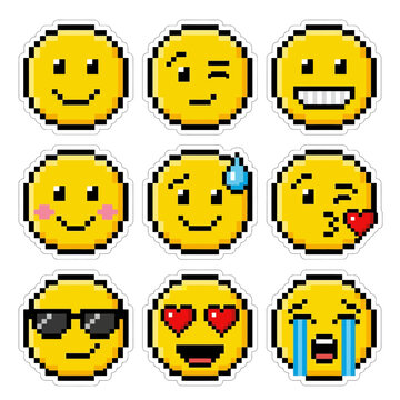 Pixel art emoji sticker set with various yellow smiley face expressions.