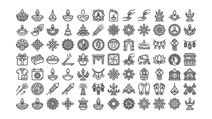 Obraz premium A comprehensive collection of Diwali festival outline icons for celebratory greeting cards and social media design projects