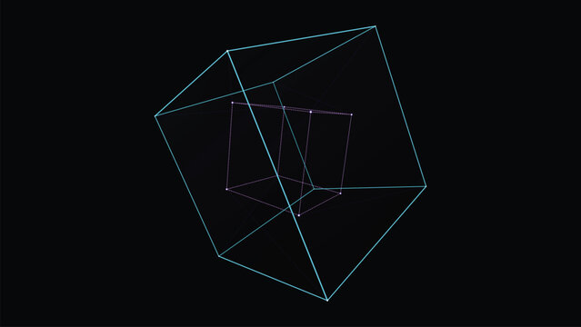 Cyber tesseract hypercube wireframe and holographic neon geometric matrix in a modern digital illustration style for data science and technology branding