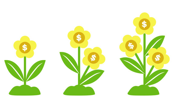 A set of growing money plants with yellow dollar coin flowers isolated on a transparent background representing financial growth, profit, and investment.