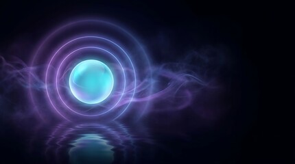 Fototapeta premium Abstract luminous orb emanating concentric rings of purple light with wisps of ethereal smoke reflecting in rippling water representing energy mystery and the unknown
