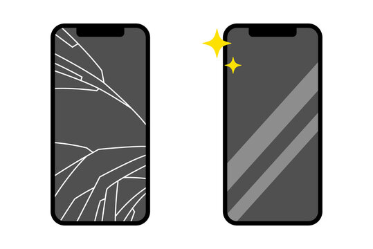 ひび割れている画面と新品に画面を交換したスマートフォンのセット