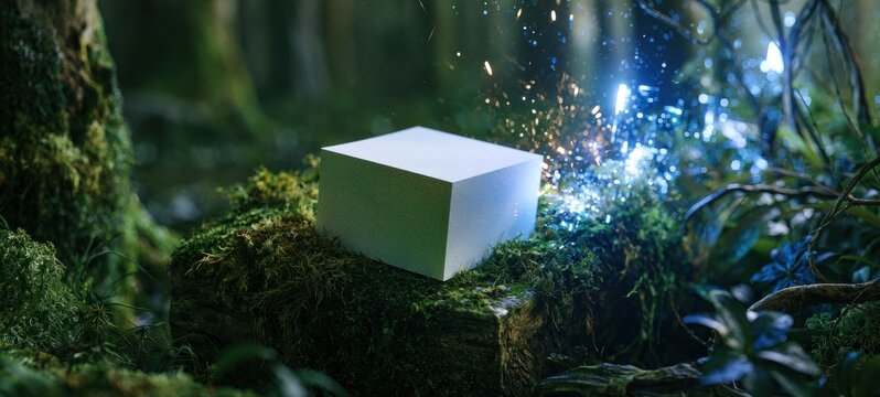 Abstract cube with glowing particles on mossy forest floor