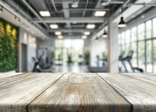 Wood tabletop sits in bright gym studio with blurred workout equipment beyond. Studio tabletop provides clean surface for product display, while daylight and soft focus add fresh modern mood.