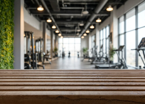 Wooden bench frames bright wellness interior where blurred exercise machines stand ready. Modern gym space suggests calm focus, with wide windows, ceiling lights, and airy minimalist design.