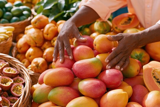Hands selecting fresh mangoes at outdoor fruit market stall with passionfruit and papaya