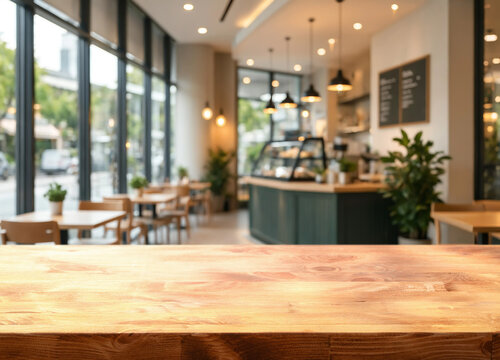 Wood tabletop in cafe interior sits before empty seating and counter. Warm cafe interior feels calm and inviting, with pendant lights, large windows, and potted plants softening modern decor.