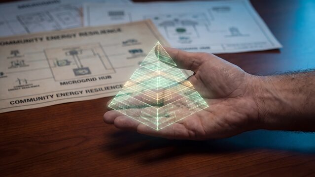 Community energy resilience concept, engineer hand holding holographic pyramid model with microgrid hub diagram and energy resilience documents, smart grid, renewable power and energy