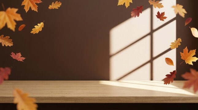 Autumn background with falling leaves on a wooden table, copy space for product display