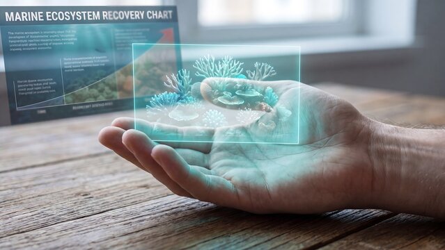 Marine ecosystem recovery concept, hand holding holographic coral reef model with marine ecosystem recovery chart on screen, ocean conservation, reef restoration, biodiversity and environmental