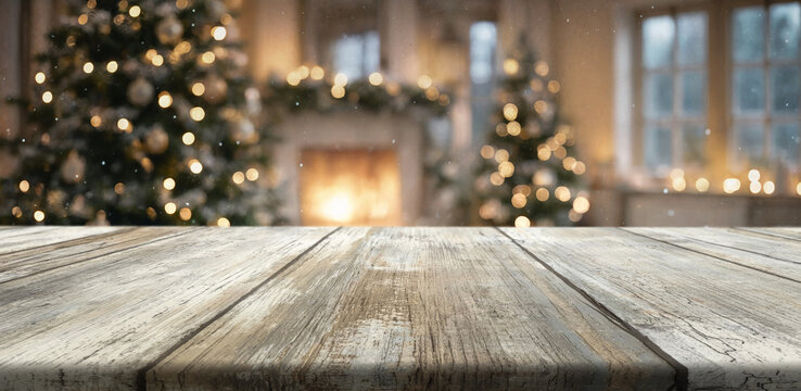 Wooden table rests beneath Christmas lights and fireplace glow. Weathered surface fills foreground while blurred festive trees form cozy holiday backdrop for seasonal marketing layouts.