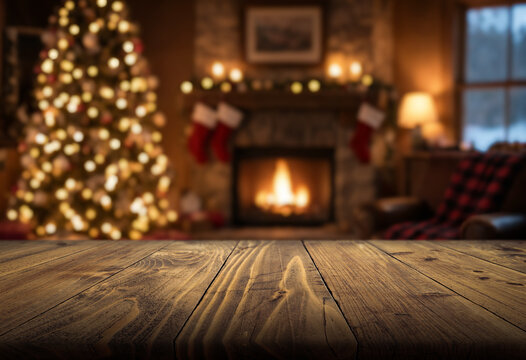 Rustic wooden tabletop anchors cozy interior while Christmas lights, fireplace glow, and stockings fill background. Warm festive room feels inviting and relaxed, ideal for seasonal display use.