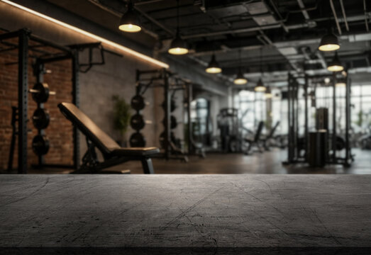 Empty gym interior centers on exercise bench near weight machines. Fitness interior has industrial lighting, rack equipment, and spacious training floor, creating calm, ready for workout setting.