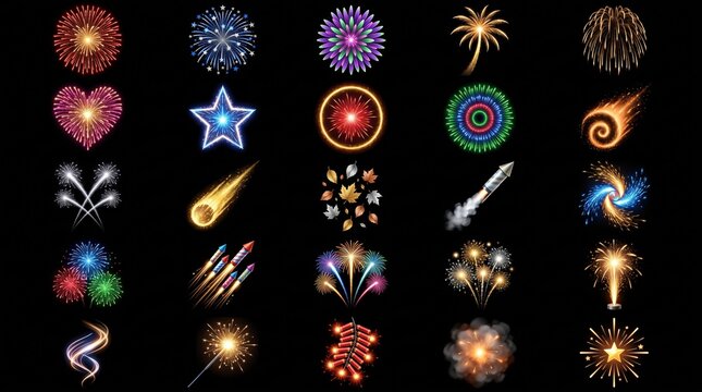 Colorful fireworks and bright sparklers set on black background for festive designs.