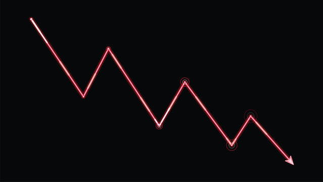 Red neon falling stock market graph arrow representing economic recession and financial crisis in a modern minimalist digital vector illustration for stock market analysis and business decline reports
