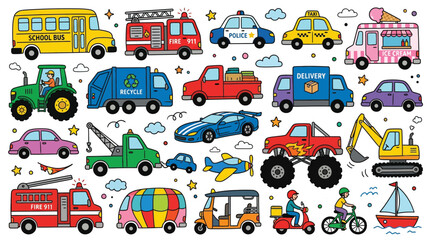 Collection of colorful cartoon vehicles and transportation on a white background © Rahul