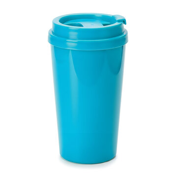 Empty turquoise plastic tumbler with lid on white background