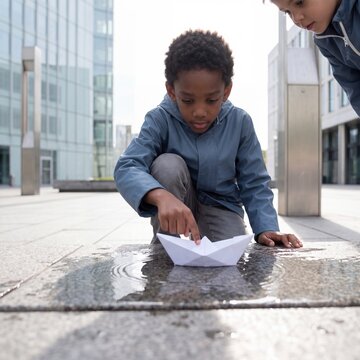 Zwei Jungen lassen Papierboot auf Stadtplatz schwimmen