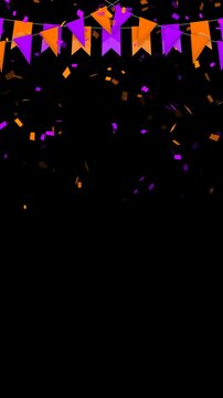 Orange and Purple Bunting Flags with Falling Confetti Alpha channel animation, Halloween Party celebration isolated vertical social media motion design element