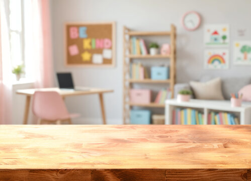 Empty kids study room with desk and laptop. Soft pastel furniture, bookshelf, and children artwork create cheerful study room setting for homework, reading, and quiet learning at home.