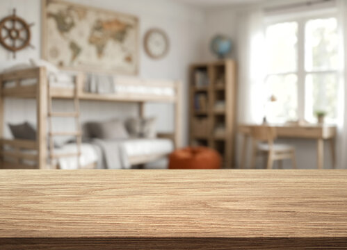 Bright child room features bunk bed, desk and globe beneath wall map decor. Adventure inspired lifestyle decor creates calm, cozy mood, with soft daylight and wooden surface in foreground.