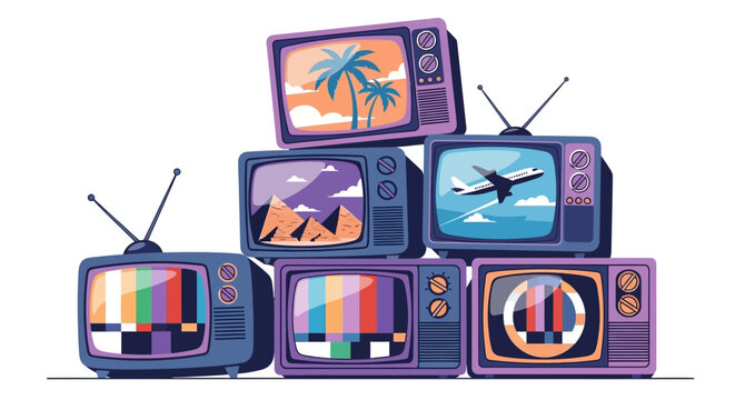 Pile of retro television sets with various screen images.
