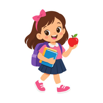 Cute School Child with Backpack Books and Apple