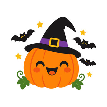 Cute Halloween Pumpkin Wearing a Witch Hat with Bats and Stars