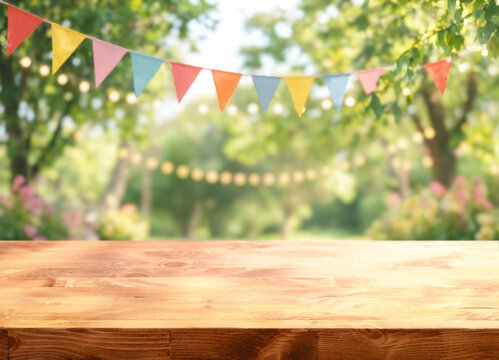 Wooden tabletop sits below colorful bunting in tabletop display. Empty rustic surface and blurred garden lights suggest cheerful party styling, with bright pennants adding festive outdoor mood.