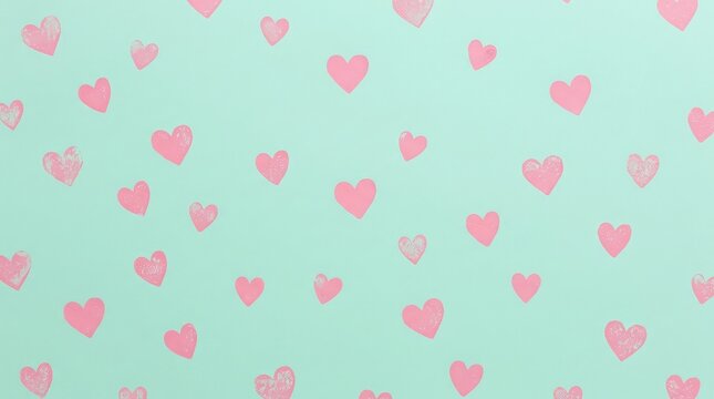 Pink hearts pattern on light green background