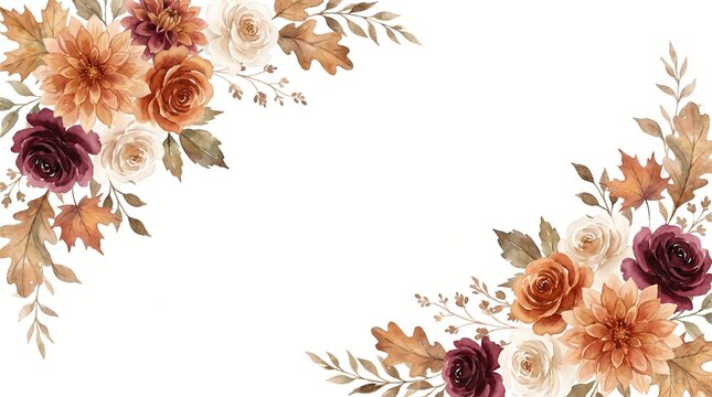 Watercolor autumn floral corner frame isolated on white background