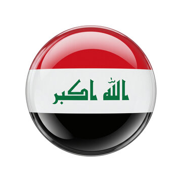 Iraq national flag badge, circular 3D glossy spherical emblem button showing national flag of Iraq with green takbir calligraphy. Official Middle Eastern country on transparent background.