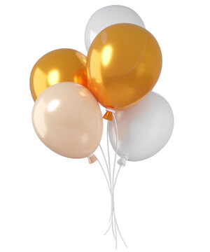 3d balloons in white, gold, and peach colors, isolated on background. Elegant, festive illustration for celebrations, parties, weddings, and Christmas.
