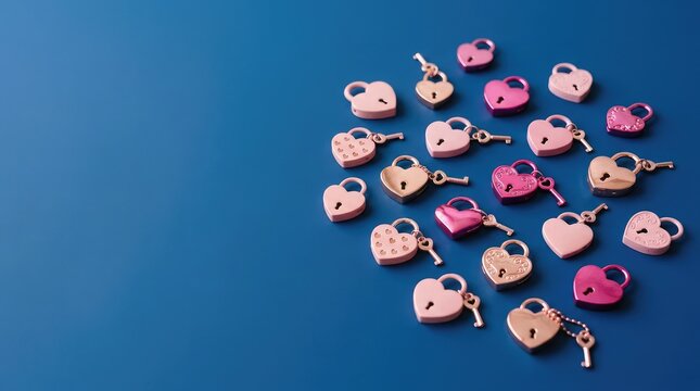 Heart shaped padlocks with keys on blue background