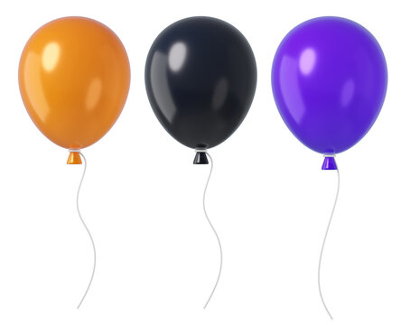 Set of glossy balloons in orange, black and purple, isolated on background. Festive bouquet for parties, events, and Halloween.
