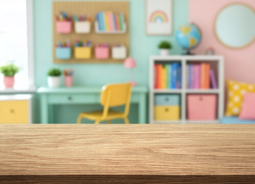 Pastel classroom decor centers on study desk and yellow chair beside books, globe, and wall organizers. Tidy learning space feels upbeat and inviting, with colorful supplies arranged for student use.