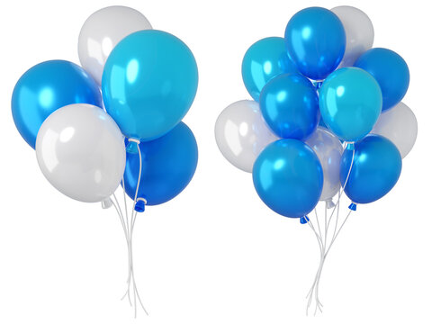 Set of 3d balloons in white, blue, isolated on background. Glossy, festive illustration for celebrations, boy parties, and events.
