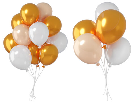 Set of 3d balloons in white, gold, and peach colors, isolated on background. Elegant, festive illustration for celebrations, parties, weddings, and Christmas.
