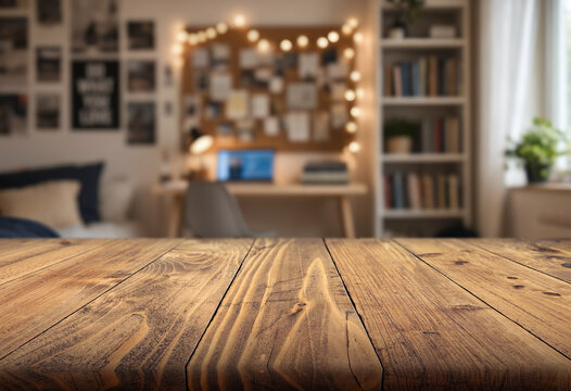 Wooden tabletop frames study desk setup in cozy teen room. Laptop glows on desk beneath string lights and beside bookshelf, creating warm, organized space for homework and planning.