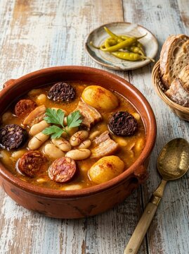Traditional Spanish Fabada stew with chorizo and morcilla