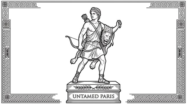 Ancient Greek Mythology Illustration of a Hunter Archer with Lion Pelt and Bow in Decorative Border