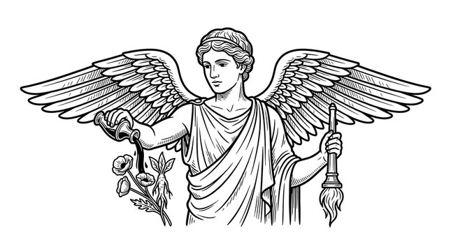Greek Mythological Winged God Hypnos or Thanatos with Inverted Torch Pouring Liquid on Poppy Flowers