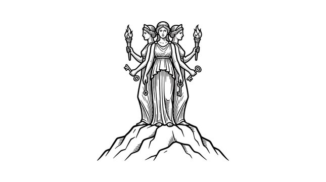 Triple Formed Hecate Greek Goddess of Witchcraft and Magic with Torches and Keys Engraving Style