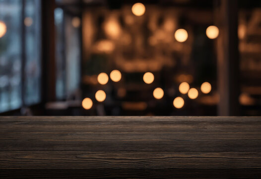 Warm cafe tabletop awaits menu display beside blurred bokeh lights. Wooden surface fills foreground, creating cozy restaurant setting for product presentation, pricing layouts, or branded overlays.